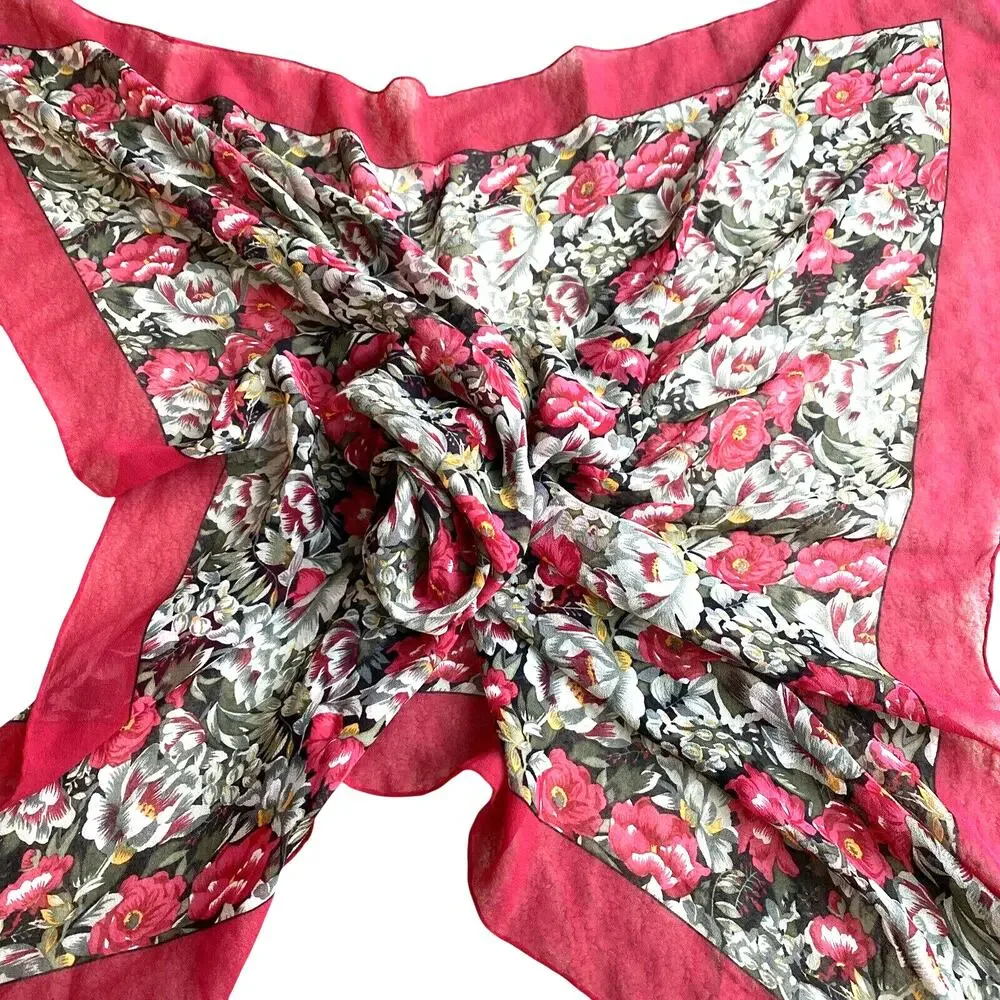 Alcott & Andrews sheer silky crepe scarf red & green floral square cottagecore